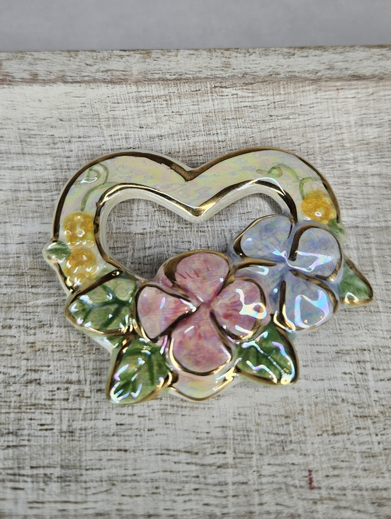 Handmade Jewelry - Vintage Iridescent Ceramic Floral Heart Brooch – Hand-Painted Excellent Cond.